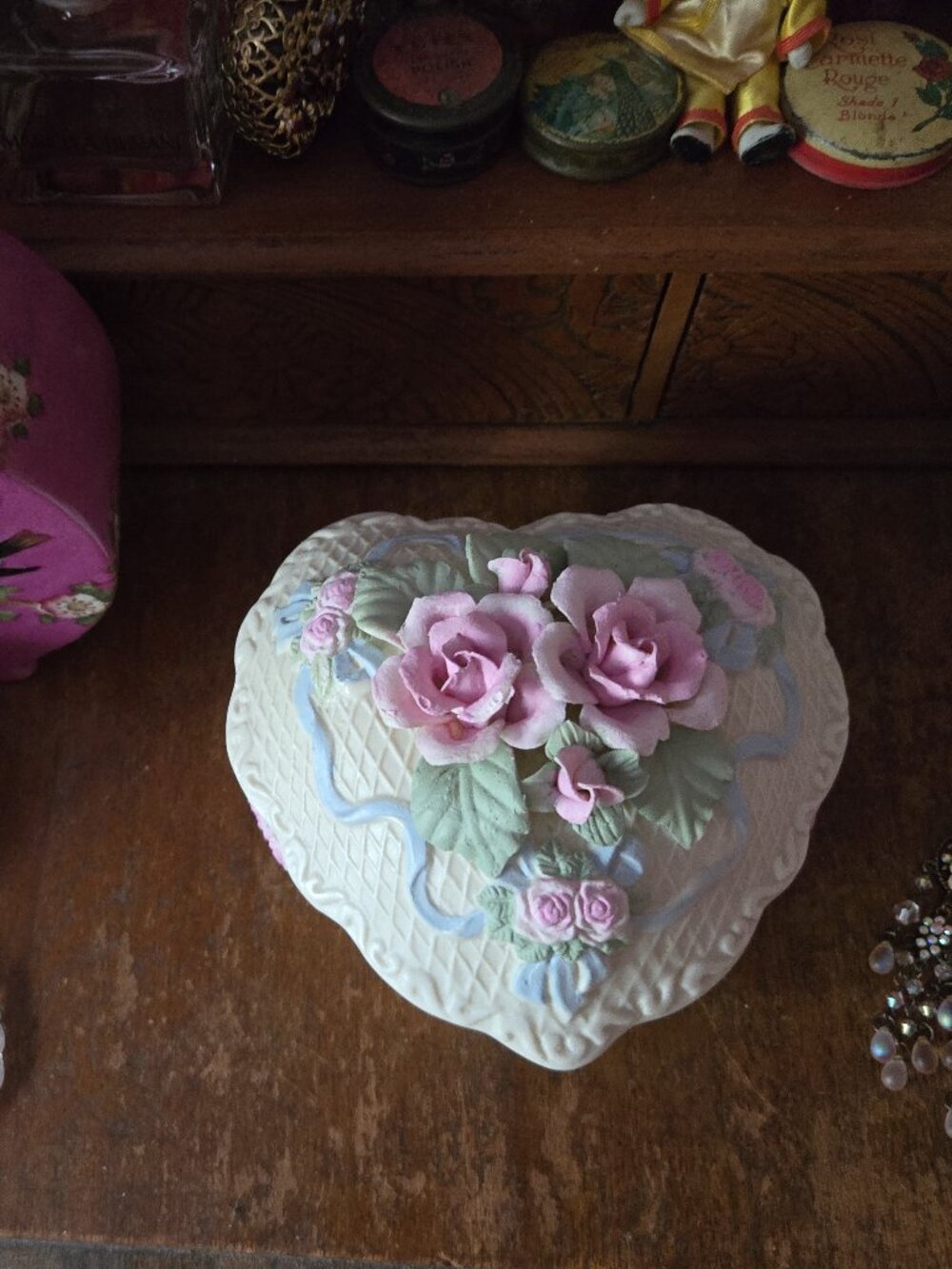 Vintage Heart Porcelain Trinket Box Rose Bow Cottagecore Decor Fairycore